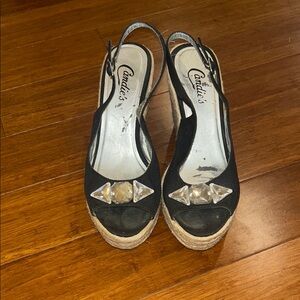 Candie's Black Espadrille Wedges with Peep-Toe Design